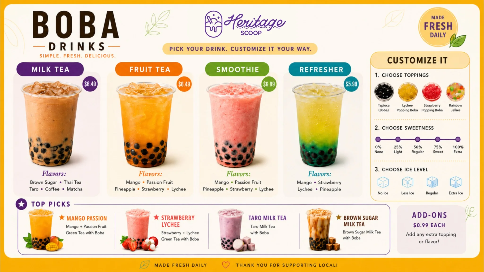 Heritage Scoop Boba Drinks menu board