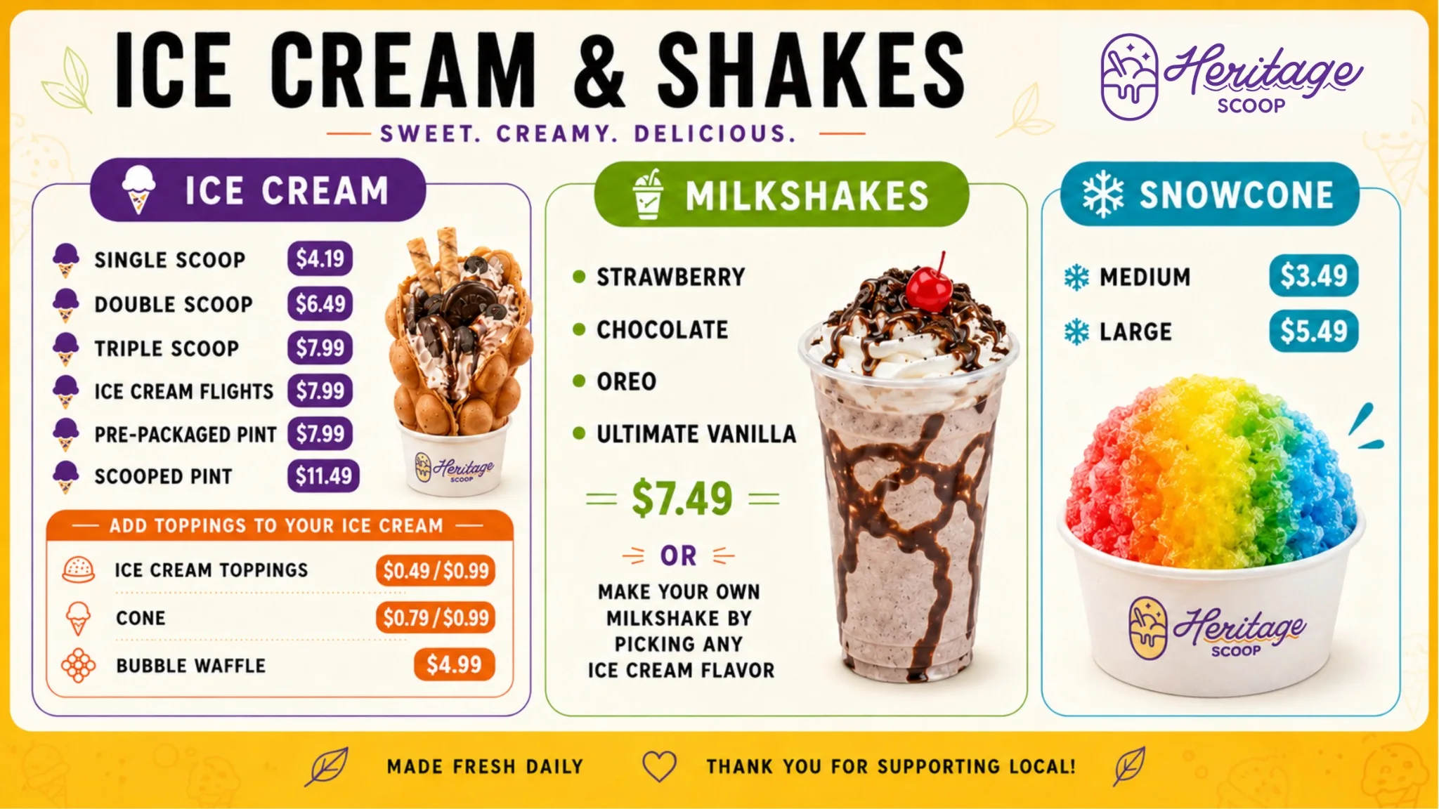 Heritage Scoop Ice Cream and Shakes menu board