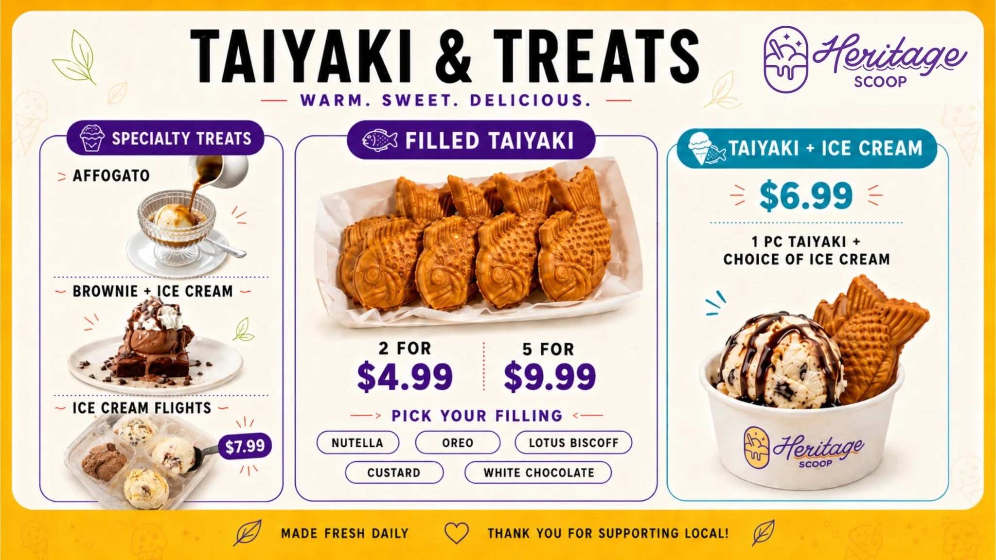 Heritage Scoop Taiyaki and Treats menu board
